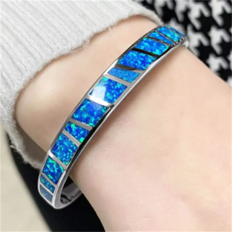 Verstellbares Armband Opal Blau Feuer aus Silber